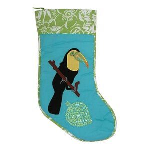 Black Toucan Bird on Teal Blue Tropical Holiday Christmas Stocking 20 Inches